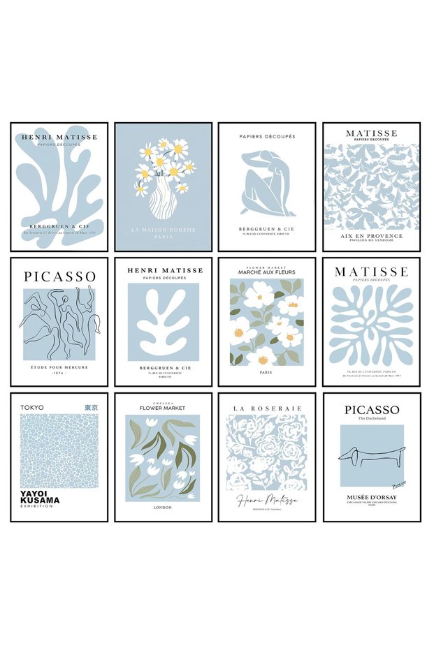 ALAYRA Blue Wall Art Poster Prints,Set of 12 Matisse Wall Decor for Dorm Bedroom,s, Maximalism Posters Wall Decorations (unframed 01, )20X25 CM