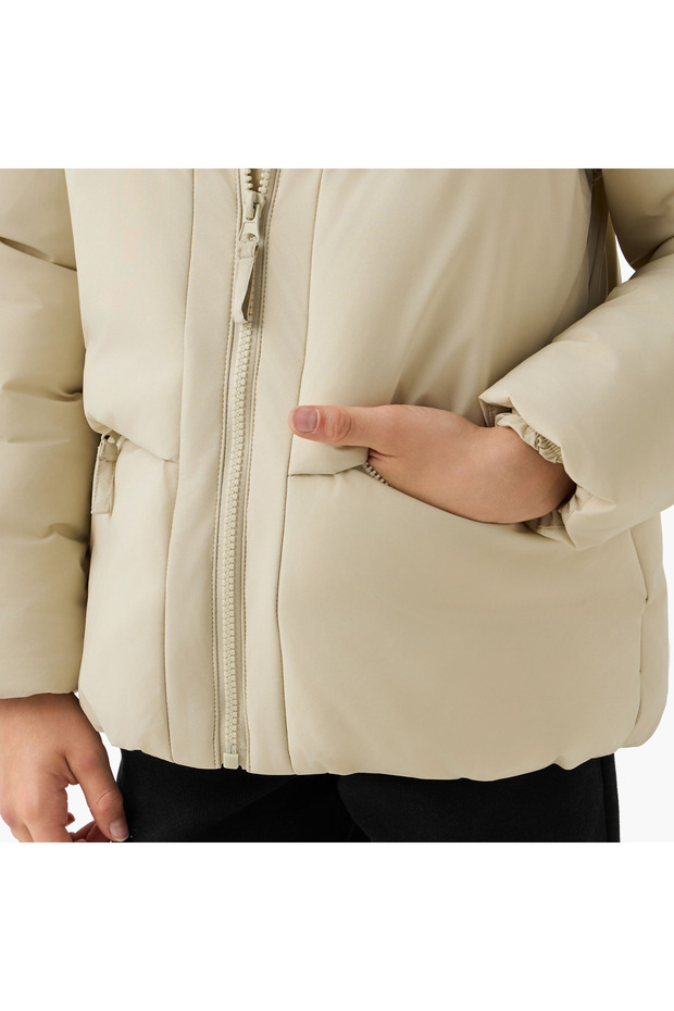 Solid Puffer Jacket with Zip Closure and Long Sleeves - 4