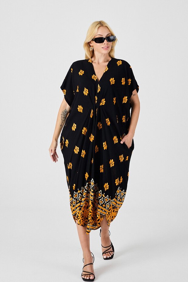 Yellow Patterned V-Neck Loose Cut Kaftan Dress Vs00829