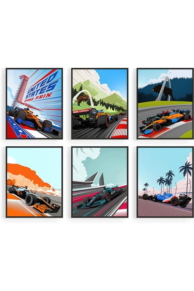 ALAYRA Abstract Formula 1 Racing Car Wall Art, F1 Car Canvas Posters, Inspirational Racing Car Wall Art, Classic Racing Car Art Prints for Bedroom Man Cave Boys Room Decor, Set of20X25 CM