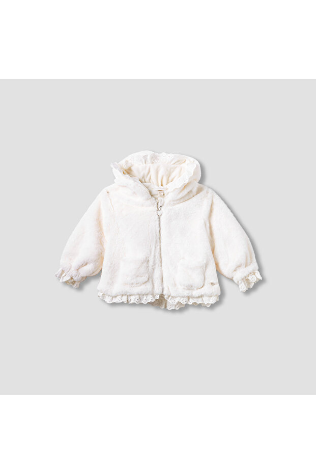 Faux Fur Hooded Zip Through Jacket with Schiffli Detail