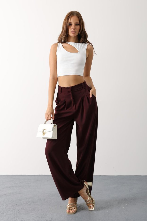 Burgundy Double Pleated Palazzo Trousers Vs00650