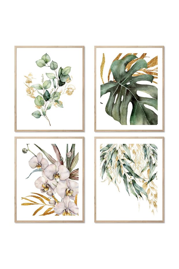 ALAYRA Botanical Print Leaves Wall Art Canvas Prints Plant Poster for Bedroom Living Room Wall Decor Gold and Green Leaves Unframed Set of 430X40 CM