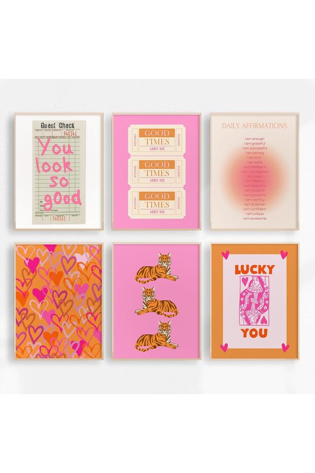 ALAYRA Preppy Wall Art Pink Orange Wall Decor Trendy Canvas Wall Art Aesthetic Pictures Girl Posters Inspirational Daily Affirmation Prints Lucky You Hearts Artwork Set of 6 for30X40 CM