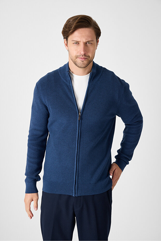 Mattias Men's Light Navy Thessaloniki Knitted Full Zip Mock Neck Regular Fit Cardigan Sweater