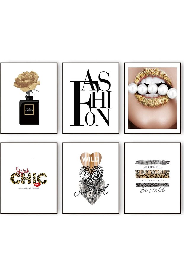 ALAYRA Glam Gold Fashion Wall Art Set of 6 with Outer Frame, 30x40 cm