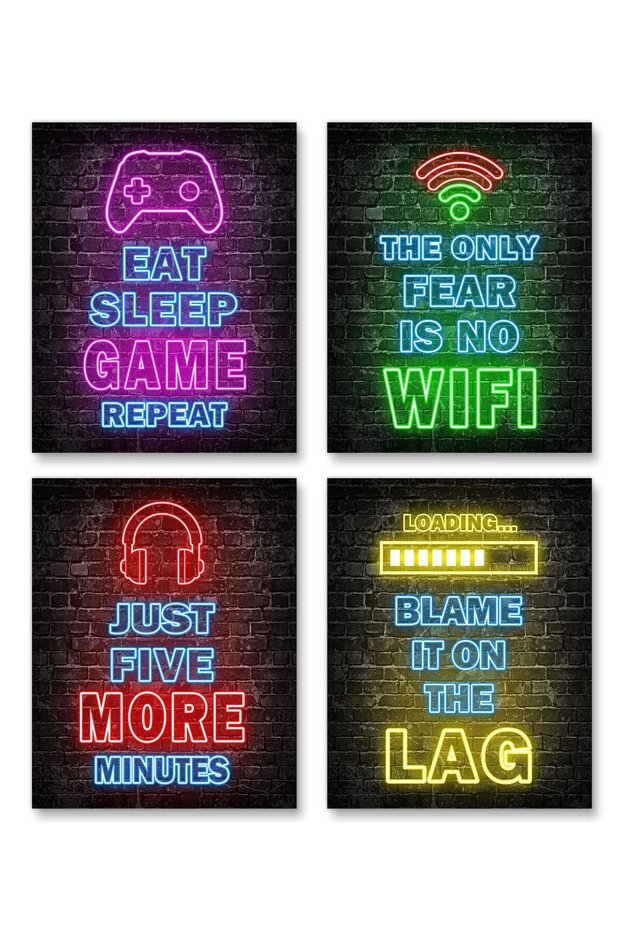 ALAYRA Printed Neon Gaming Posters Set of 4 (8†X 10â€), Boys Room Decorations for Bedroom,Video Game Wall Art,Gamer, Teen boy bedroom, game room, No Frames20X25 CM
