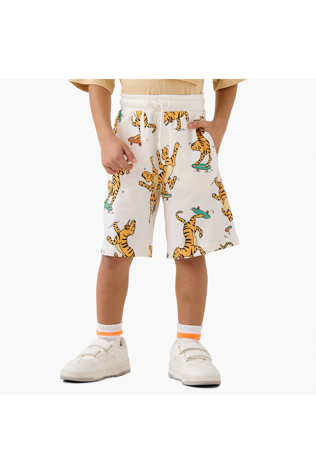 All-Over Tiger Print Shorts with Drawstring Closure and Pockets
