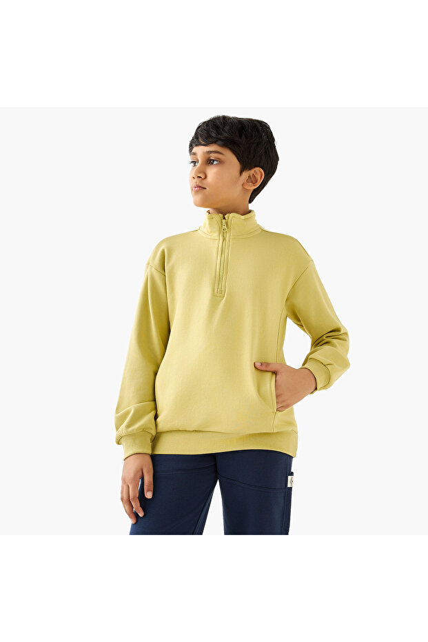 Solid High Neck Sweatshirt with Zip Closure - 1