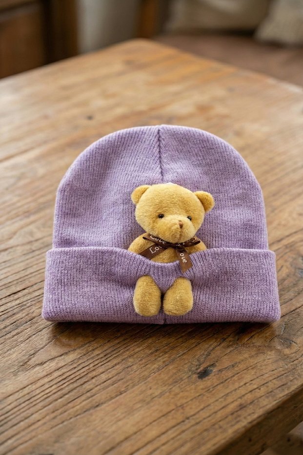 Children's Lilac Cute Plush Teddy Bear Figured Folded Winter Knitwear Beanie