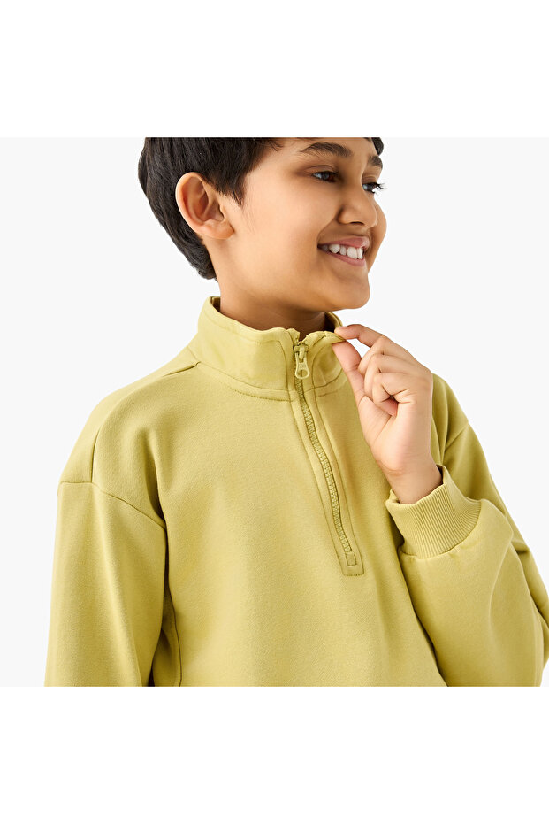 Solid High Neck Sweatshirt with Zip Closure - 4