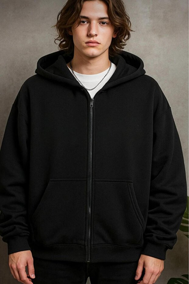 Men's Black Full Zip Hooded Cardigan