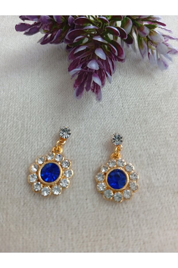 Blue Stone Flower-Shaped Swinging Handmade Gold Earrings