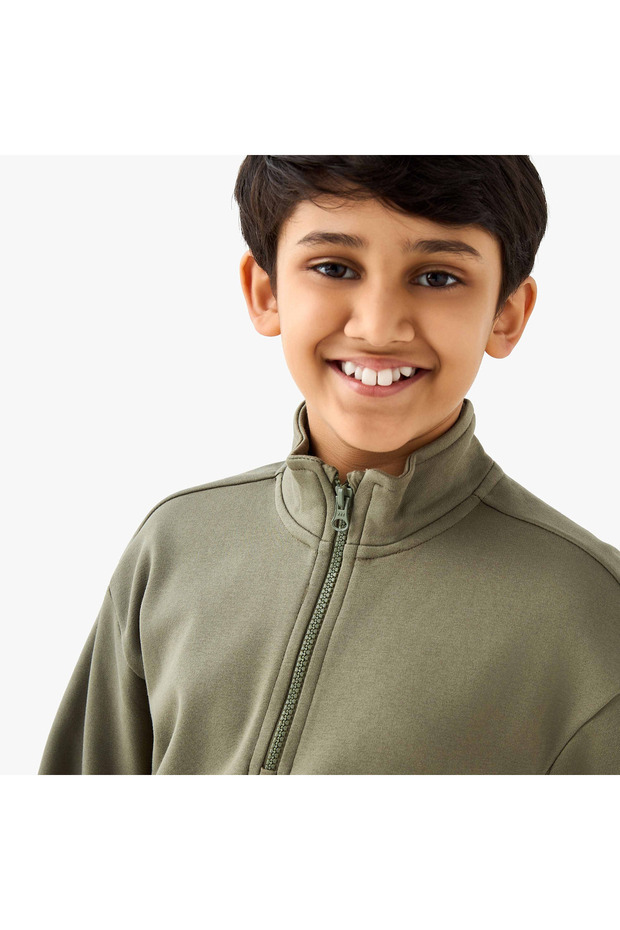 Solid High Neck Sweatshirt with Zip Closure - 4