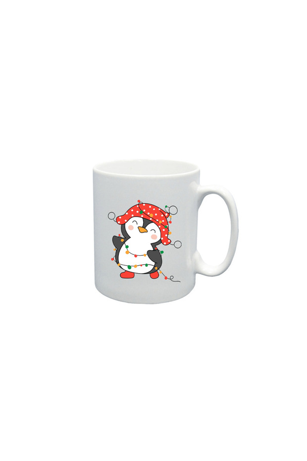 Christmas Printed Mug - White, Penguin Entangled In String Lights