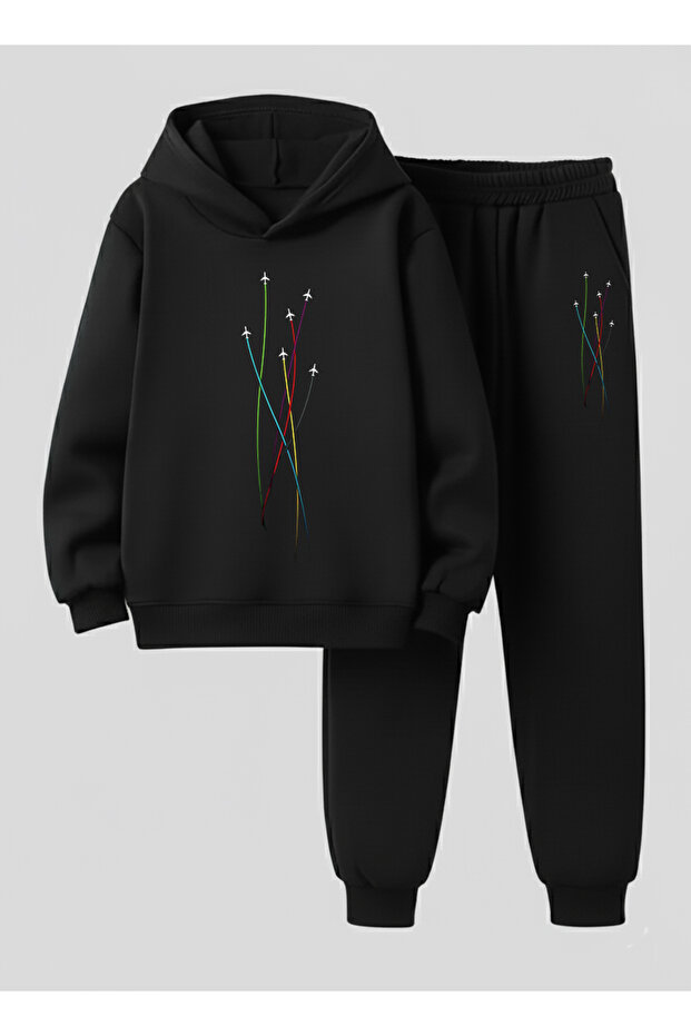 Hooded Sweatshirt - Tracksuit Set Children's Aircraft Race Printed 3 Thread Raised Lettering