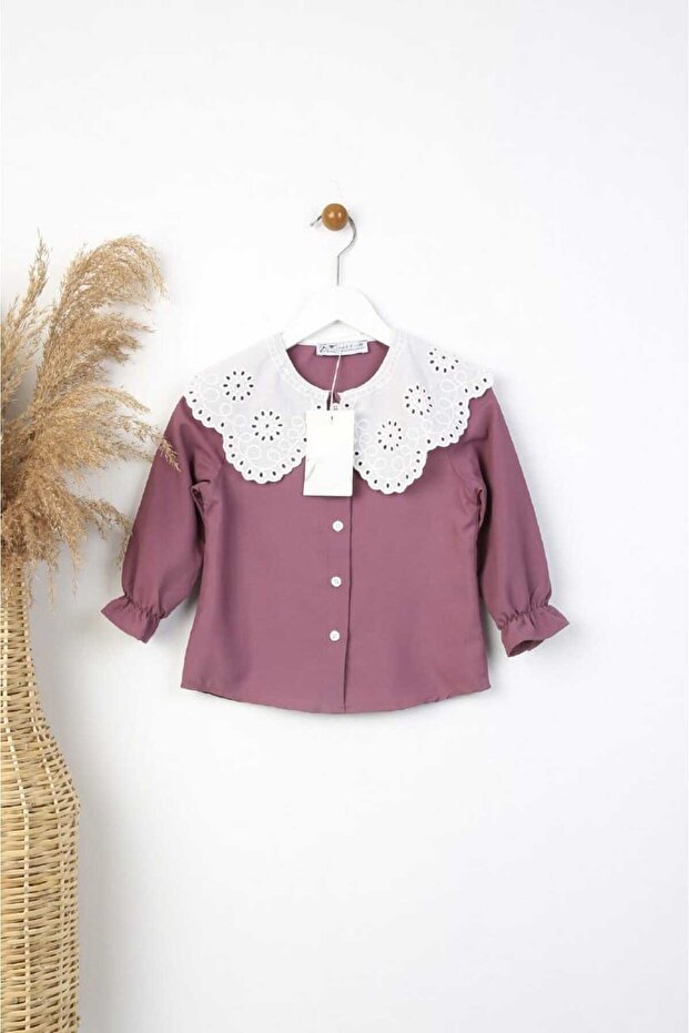 Girl's Long Sleeve Shirt with Embroidered Collar
