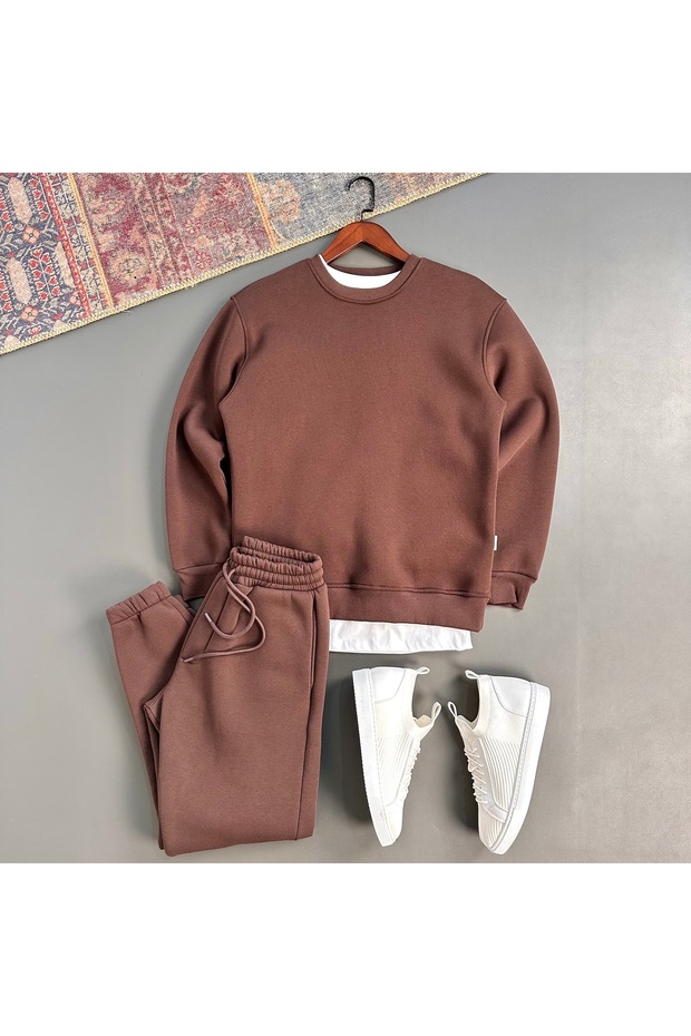 Oversized 3-Thread Half-Zip Thick Fleece Top and Bottom Set, 2-Piece Set
