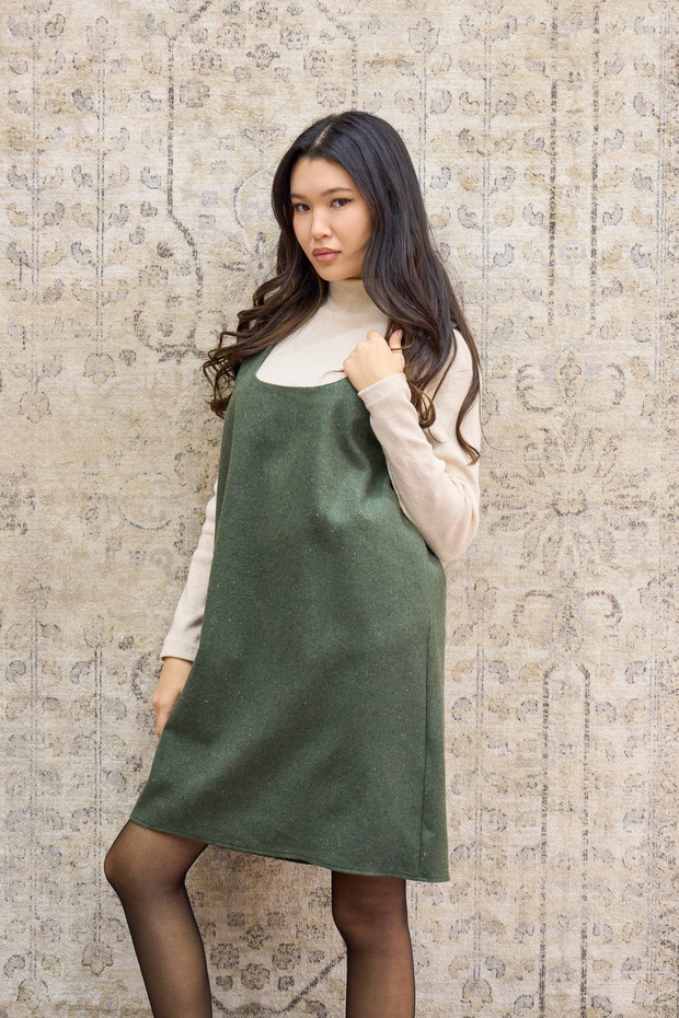 Khaki Green Color Square Neck Short Cashmere Jile Dress