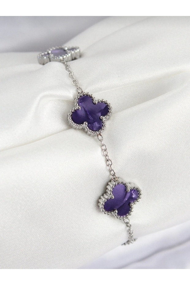 Z&D Accessory 316L Steel Pearlescent Purple Silver Color Clover Women's Bracelet