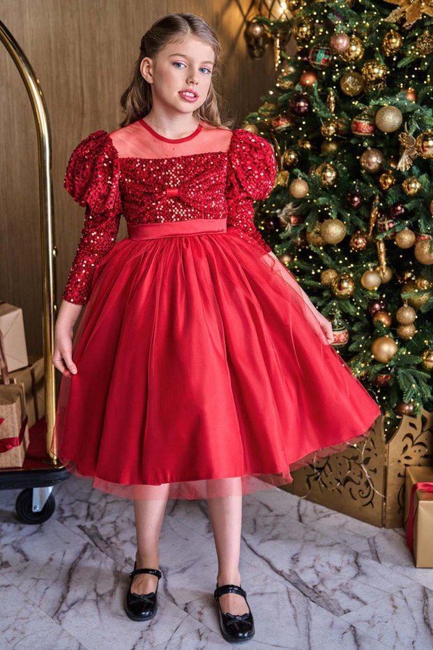 Girl's Boat Neck Sheer Tulle and Velvet Sequin Detail on the Bust Fluffy Balloon Sleeve Red Evening Dress