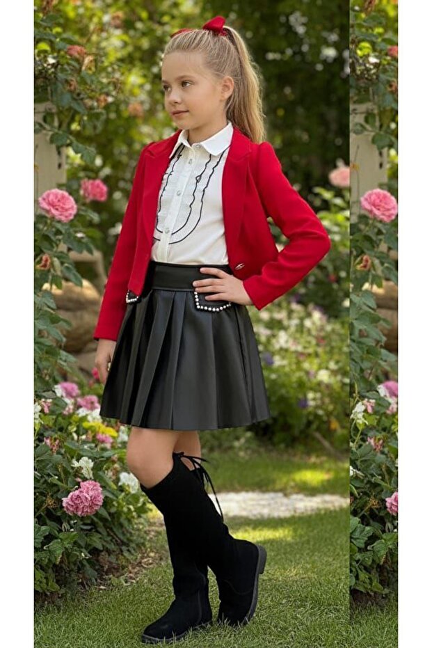 Girl's Diamond Stone Flared Shirt Red Blazer Jacket Stone Detailed Leather Skirt Set