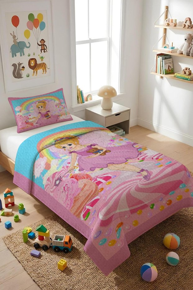 Princess Themed Velvet Fabric Children's Bedspread Set (2 Pieces) Tky0032