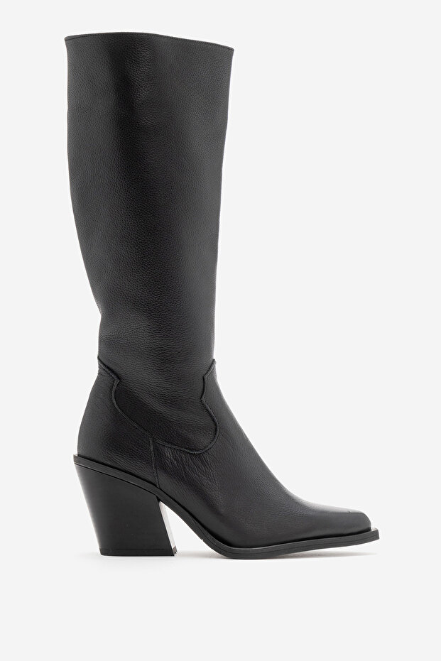 Women's Heeled Pointed Toe Zippered Boots Real Leather Dc 1591 Floter Black