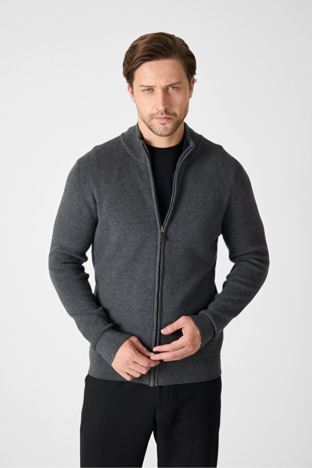 Mattias Men's Smoked Thessaloniki Knitted Full Zip Mock Neck Regular Fit Cardigan Sweater