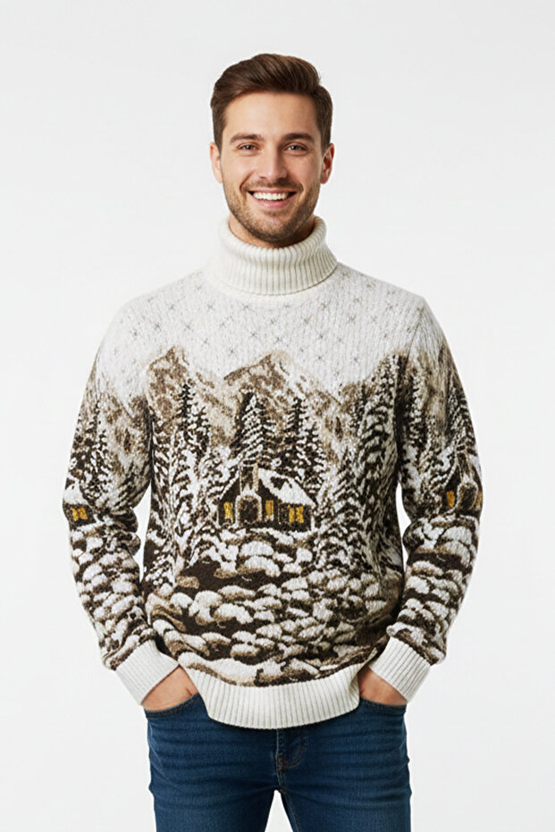 Men's Turtleneck Mountain Pattern Sweater - 1