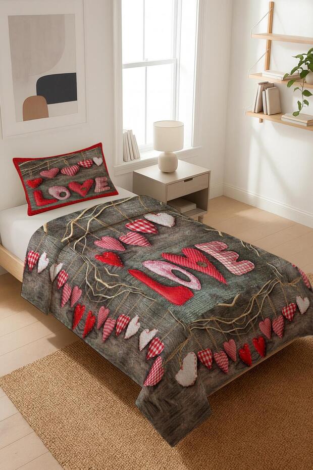 Love Written Velvet Fabric Quilted Single Bedspread Set (2 Pieces) Tky0043