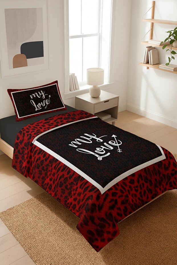 My Love Written Velvet Fabric Quilted Single Bedspread Set (2 Pieces) Tky0044