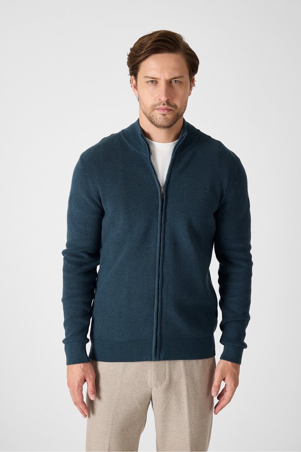 Mattias Men's Dark Green Thessaloniki Knitted Full Zip Mock Neck Regular Fit Cardigan Sweater