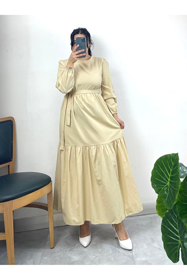 Tiered Long Dress with Tie at the Waist