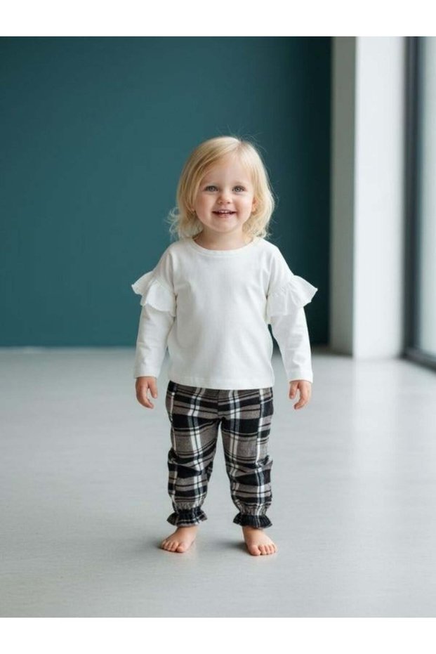 Baby Girl Ruffle Sleeve Detail Checkered Pants Set