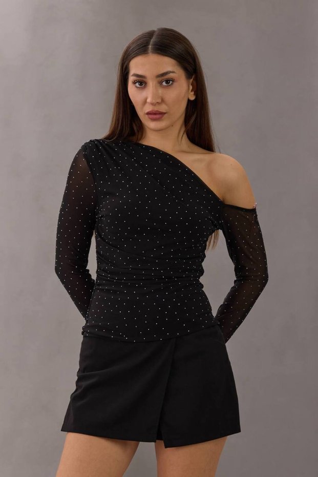 One Shoulder Stone Detailed Stretchy Sandy Fabric Blouse