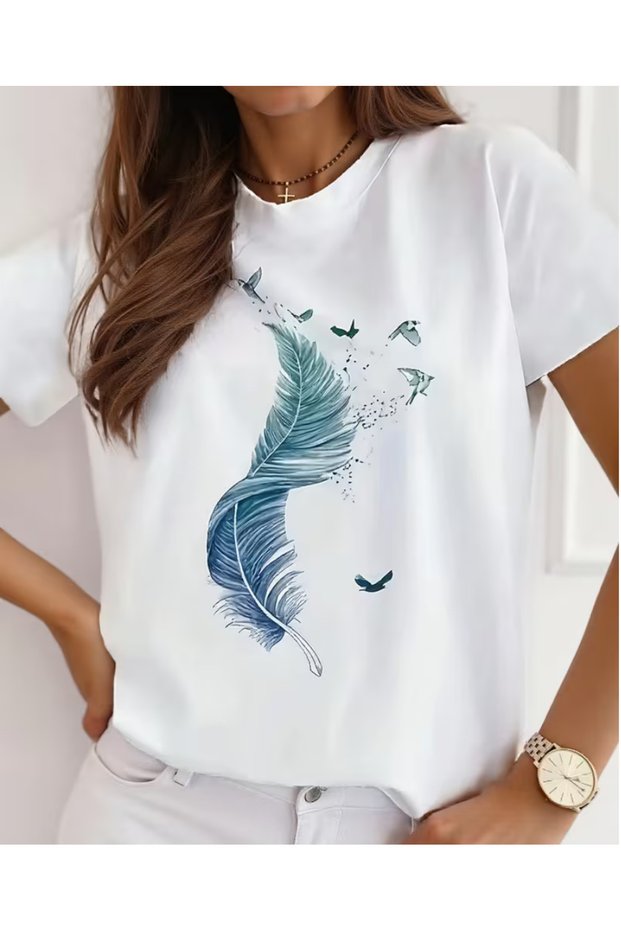 Unisex Straight Green Feather Printed Oversized T-Shirt t-shirt