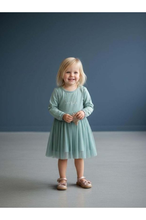 Girl's Cotton Glittery Smile Printed Long Sleeve Tutu Dress