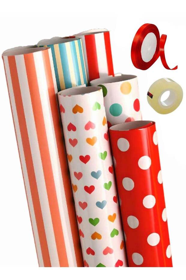 6 Pattern 6 Piece 50x70 cm Gift Wrap Paper Assortment with 1 Red Color 10 Meter Ribbon and