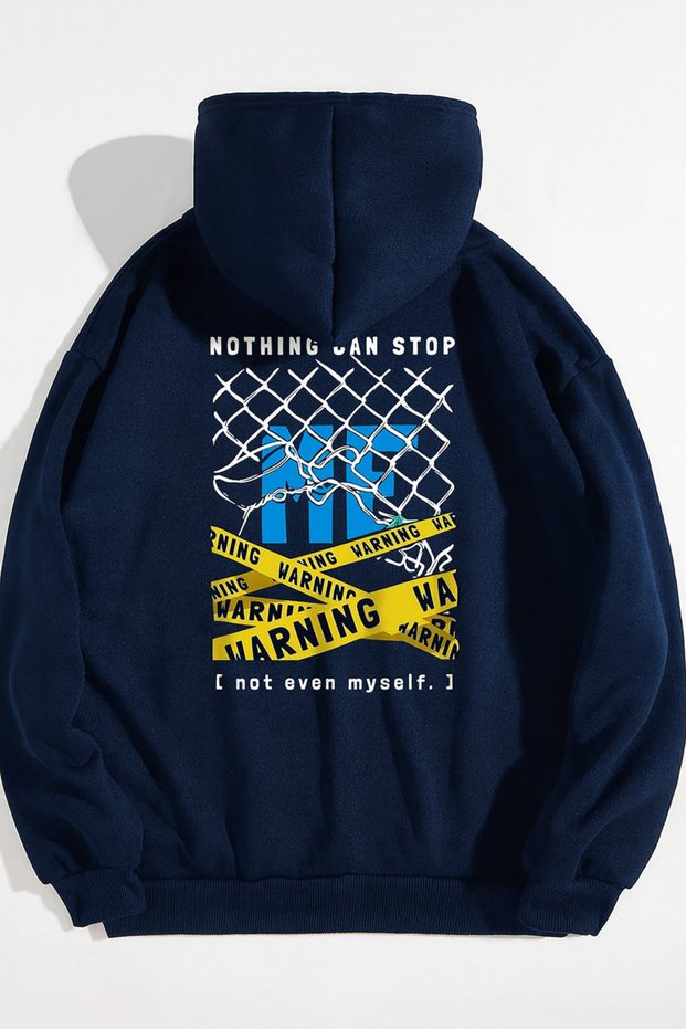 Unisex Oversized Hooded Warning Text Graphic Printed Street Style Comfortable Casual Sweatshirt