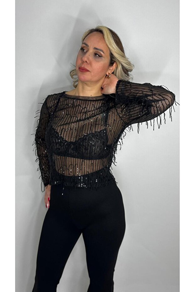 PAYET İŞLEMELİ TRANSPARAN BLUZ - 2