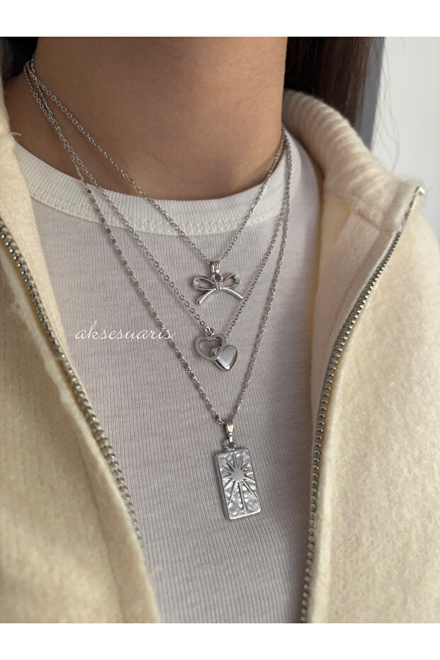 3-Piece Ribbon Silver Charm Women's Necklace Combination