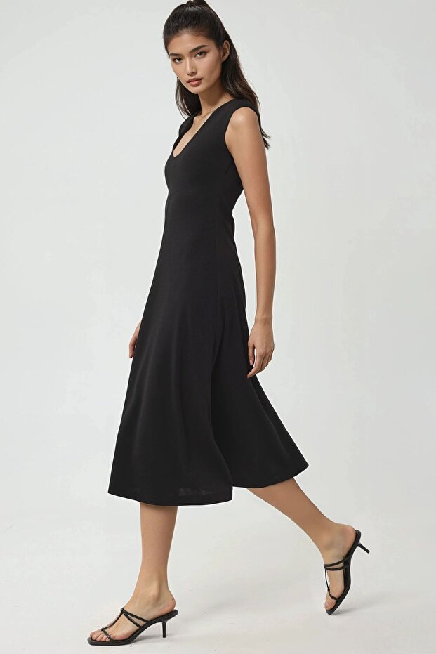 BUSEM V Yaka A-Form Midi Elbise - 2