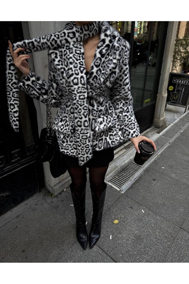 Leopard Patterned Shawl Detailed Lined Premium Design Double-Breasted Fur Coat