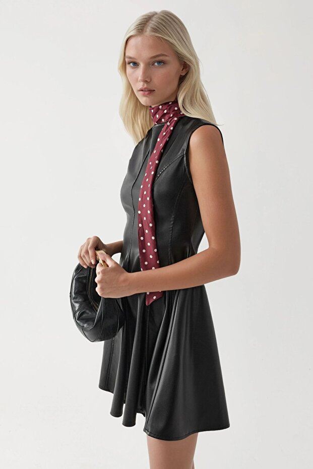 BUSEM Suni Deri Fermuarlı Mini Elbise - 2