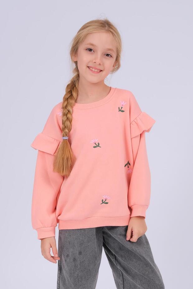 Perendi Kız Çocuk Fırfır Detaylı Çiçek İşlemeli Şardonlu Oversize Sweatshirt - Yavruağzı