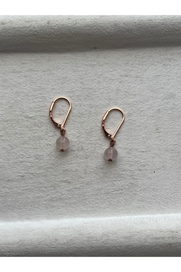 Pink Quartz Stone Copper Rose Gold D Shaped Earrings Handmade