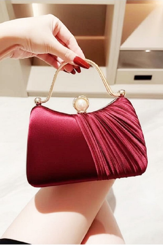 Burgundy Satin Evening Dress Bag/Clutch Bag with Zircon Stones Evening Dress Stylish Bag Is an Elegant Design