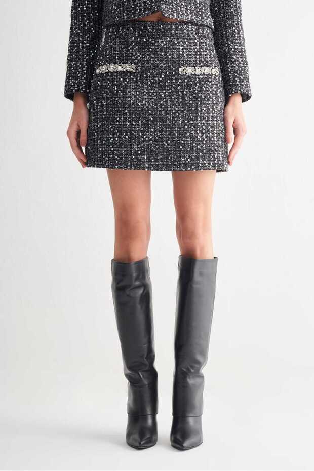 Taş İşlemeli Pullu Mini Etek - 5