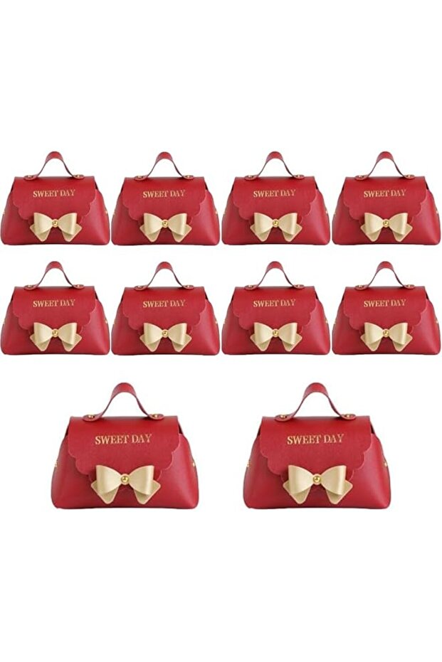 10-Pack PU Leather Bowknot Gift Boxes with Gold Bow (5 x 2.7 in) - Red